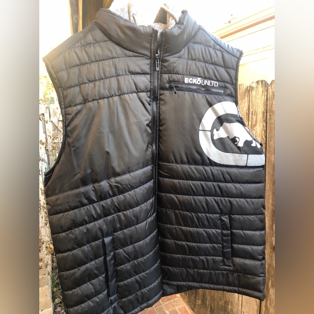🖤Ecko Unltd Men's Black/Gray Hooded Puffer Vest Sz 2XL Never Worn